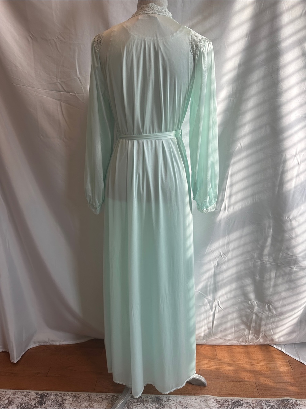 Miss Elaine Mint Green Lace-Trim Long Peignoir Set - Picture 6 of 13